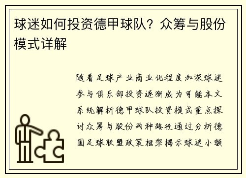 球迷如何投资德甲球队？众筹与股份模式详解
